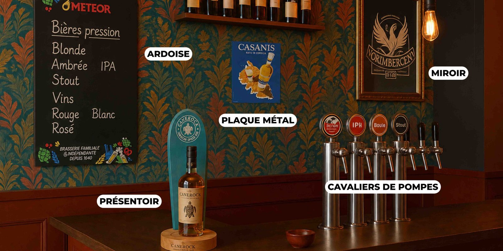 Intérieur d'un bar avec des objets publicitaires comme une ardoise, un présentoir, un miroir, une tapisserie et des cavaliers de pompes.
