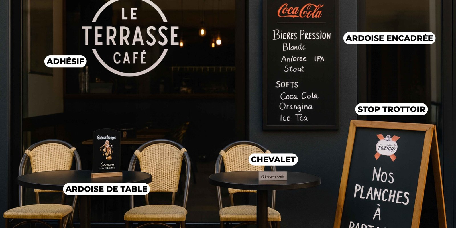 Extérieur d'un bar avec des objets publicitaires comme une ardoise, un adhésif, un stop trottoir, une ardoise de table et un chevalet réservé.