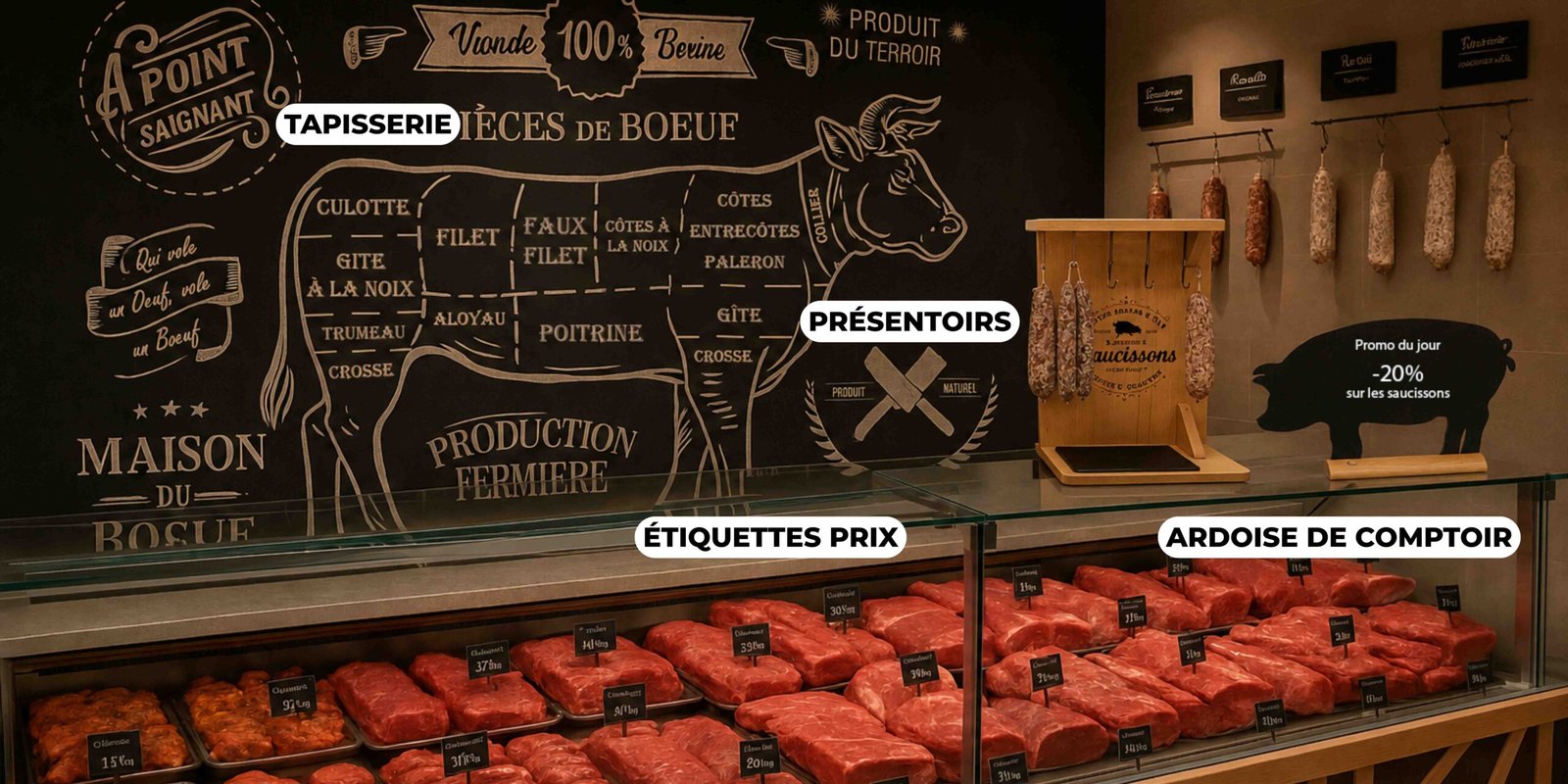 Boucherie avec des objets publicitaires comme une tapisserie personnalisée, des mini ardoises murales, une ardoise de comptoir et des chevalets en "pique".