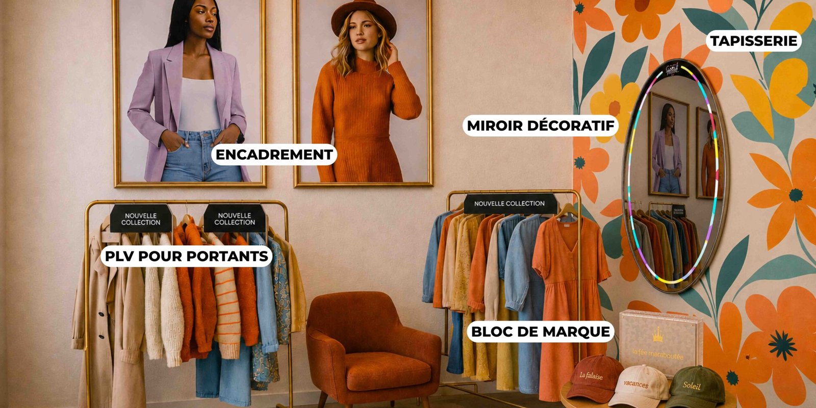 Magasin de prêt-à-porter avec des affiches encadrées, une tapisserie, un miroir décoratif, une ardoise de prix et des séparateurs.
