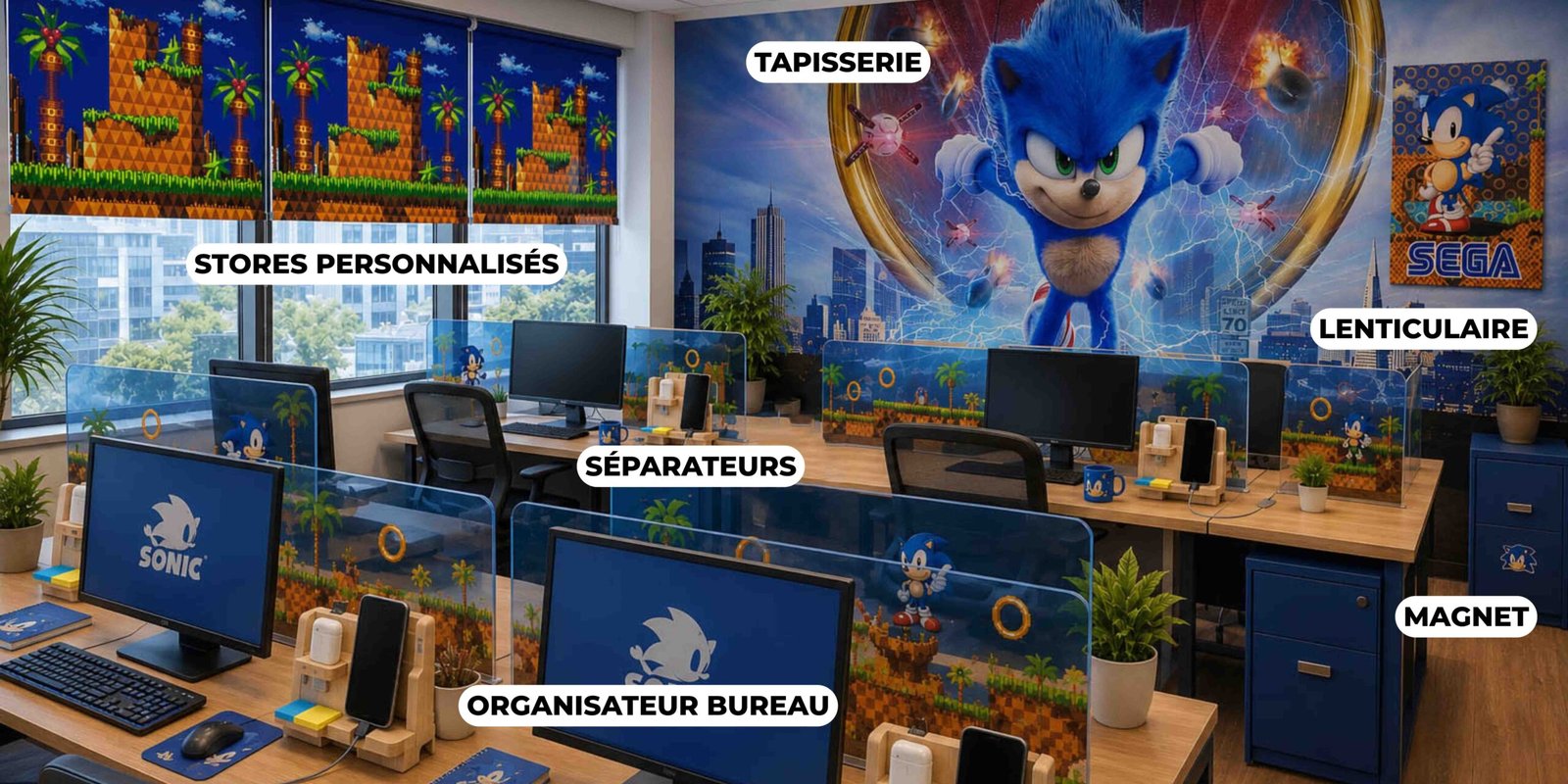 Bureau de professionnel avec des stores personnalisés, une tapisserie, des séparateurs en plexi et des organisateurs de bureaux.