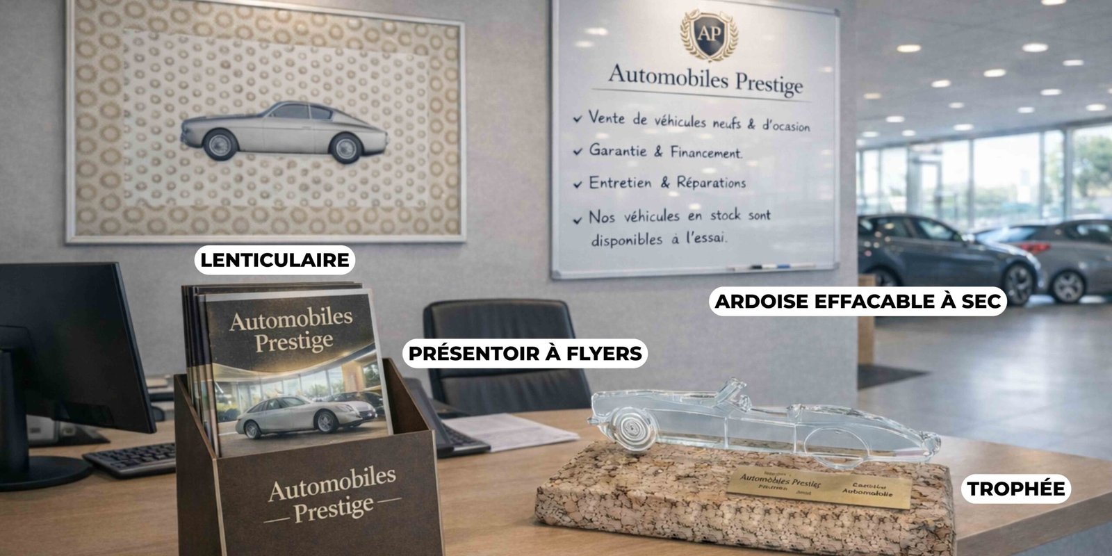 Concession automobile avec des objets publicitaires comme un lenticulaire, une ardoise effaçable à sec, un trophée multi matériaux et un présentoir à flyers.