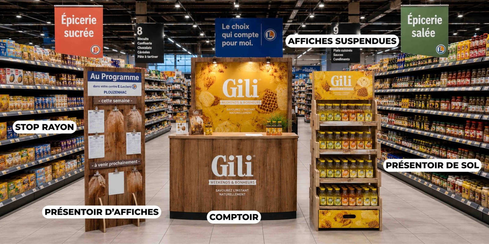 Allée d'un hyper marché avec un comptoir, un présentoir de sol, un présentoir d'affiches, des stops rayons et des affiches suspendues.