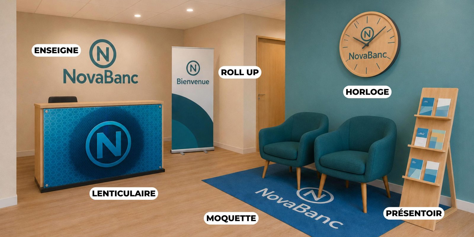 Entrée d'une entreprise avec une enseigne, un lenticulaire, un roll up, une horloge, un présentoir et une moquette.
