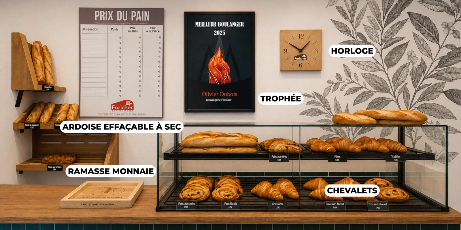 Boulangerie avec des objets publicitaires comme une ardoise, un trophée, une horloge, un ramasse monnaie et des chevalets.